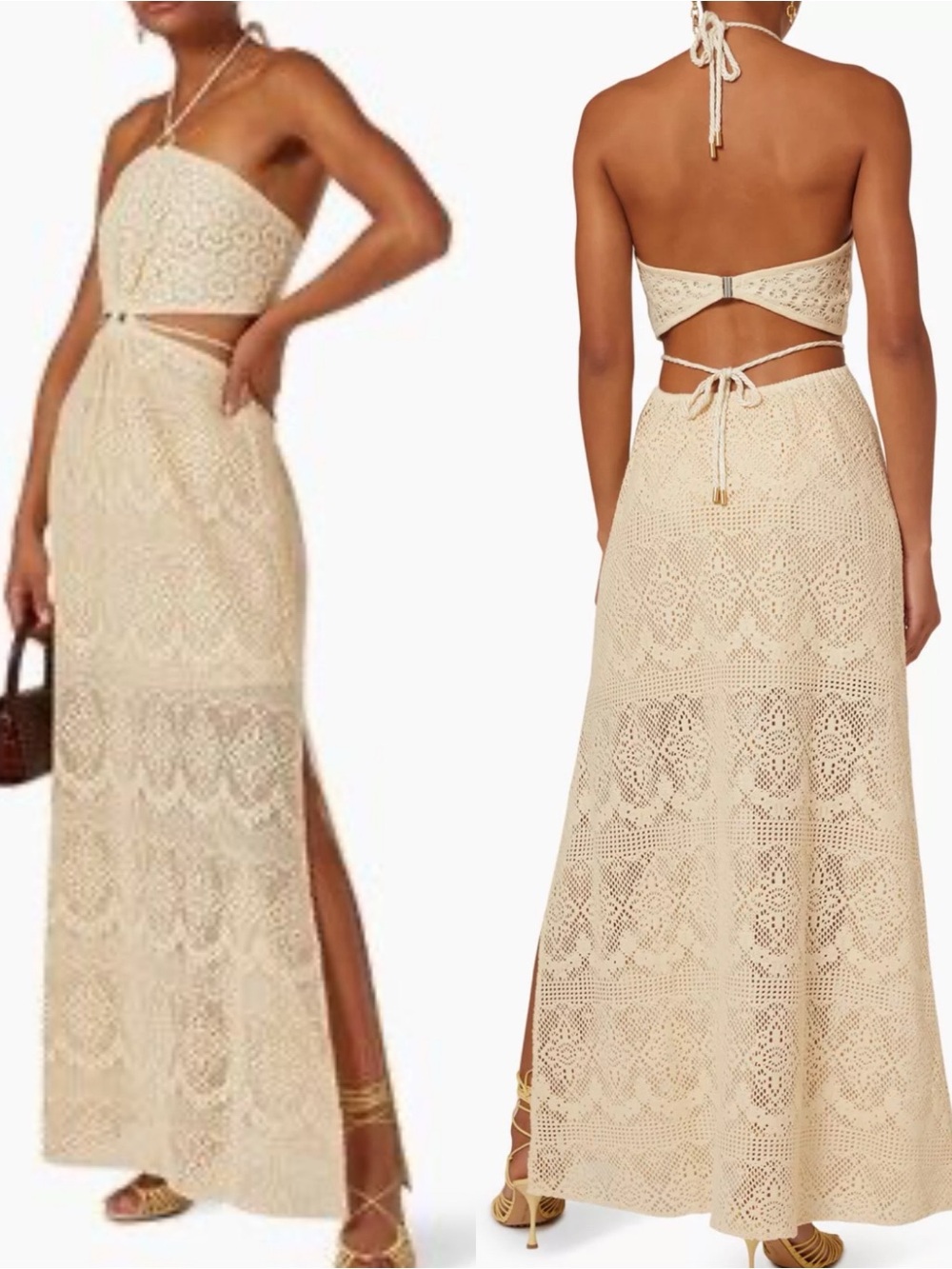 Jonathan Simkhai Georgiana Halter Crochet Maxi Dress in Macadamia Size S